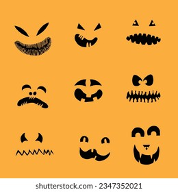 Monsters and creatures carving templates emotion faces for Halloween Holidays. Cartoon faces, expressive eyes and mouth, smiling, crying face expressions. Caricature doodle. Isolated Vector.