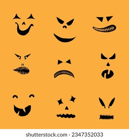 Monsters and creatures carving templates emotion face for Halloween Holidays. Cartoon faces, expressive eyes and mouth, smiling, crying face expressions. Caricature doodle. Isolated Vector.