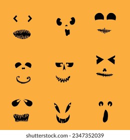 Monster und Kreaturen kreieren Vorlagen Emotionen Gesicht zu Halloween Feiertagen. Cartoon Gesichter, ausdrucksstarke Augen und Mund, lächelnd, weinend Gesichtsausdrücke. Karikaturdoodle. Einziger Vektorgrafik.