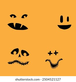 Monster und Kreaturen Kürbis Schnitzvorlagen Emotion Gesicht für Halloween Feiertage. Cartoon Gesichter, ausdrucksstarke Augen und Mund, lächelnd, weinend Gesichtsausdrücke. Karikatur-Doodle. Isolierter Vektor.