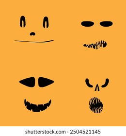 Monsters and creatures pumpkin carving templates emotion faces for Halloween Holidays. Cartoon faces, expressive eyes and mouth, smiling, crying face expressions. Caricature doodle. Isolated Vector.