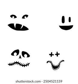 Monsters and creatures pumpkin carving templates emotion face for Halloween Holidays. Cartoon faces, expressive eyes and mouth, smiling, crying face expressions. Caricature doodle. Isolated Vector.