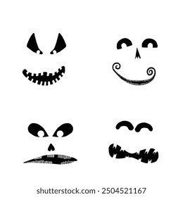 Monsters and creatures pumpkin carving templates emotion faces for Halloween Holidays. Cartoon faces, expressive eyes and mouth, smiling, crying face expressions. Caricature doodle. Isolated Vector.