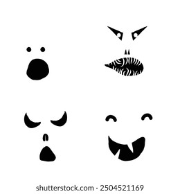 Monsters and creatures pumpkin carving templates emotion face for Halloween Holidays. Cartoon faces, expressive eyes and mouth, smiling, crying face expressions. Caricature doodle. Isolated Vector.