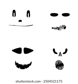 Monsters and creatures pumpkin carving templates emotion face for Halloween Holidays. Cartoon faces, expressive eyes and mouth, smiling, crying face expressions. Caricature doodle. Isolated Vector.