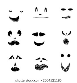 Monster und Kreaturen Kürbis Schnitzvorlagen Emotion Gesicht für Halloween Feiertage. Cartoon Gesichter, ausdrucksstarke Augen und Mund, lächelnd, weinend Gesichtsausdrücke. Karikatur-Doodle. Isolierter Vektor.