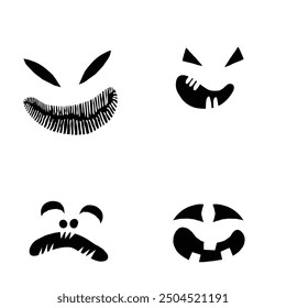 Monsters and creatures pumpkin carving templates emotion faces for Halloween Holidays. Cartoon faces, expressive eyes and mouth, smiling, crying face expressions. Caricature doodle. Isolated Vector.