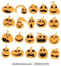 Monsters and creatures pumpkin carving templates emotion face for Halloween Holidays. Cartoon faces, expressive eyes and mouth, smiling, crying face expressions. Caricature doodle. Isolated Vector.