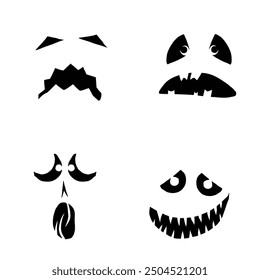 Monsters and creatures pumpkin carving templates emotion faces for Halloween Holidays. Cartoon faces, expressive eyes and mouth, smiling, crying face expressions. Caricature doodle. Isolated Vector.