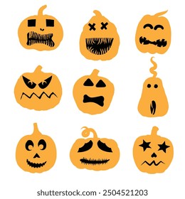 Monsters and creatures pumpkin carving templates emotion face for Halloween Holidays. Cartoon faces, expressive eyes and mouth, smiling, crying face expressions. Caricature doodle. Isolated Vector.