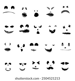 Monsters and creatures pumpkin carving templates emotion faces for Halloween Holidays. Cartoon faces, expressive eyes and mouth, smiling, crying face expressions. Caricature doodle. Isolated Vector.