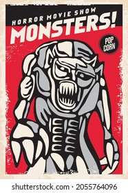 Monsters and creeps retro poster for cinema movie show. Horror and fantasy film festival. Vector pamphlet layout on red background.