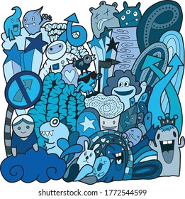 Monsters and cute alien friendly,  Vector illustration cute hand-drawn.COOL TONE.