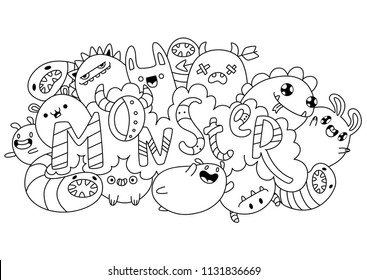 
Monsters. Cute cartoons in kawaii style. Coloring book anti-stress. Theme Halloween