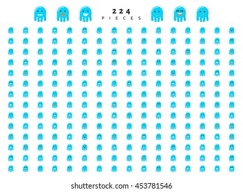 Monsters cute characters with doodle emotions, set isolated of 224 pieces sketch. Face smile, cartoon sea creatures. Design drawn icons.