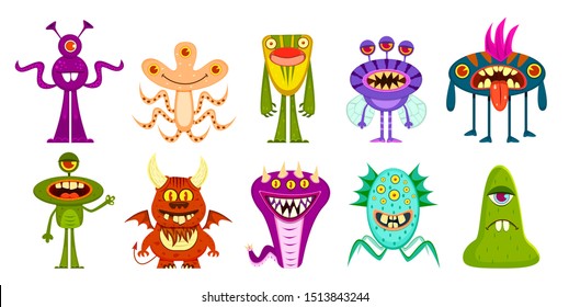 Monsters. Cute goblins and gremlins, scary aliens. Halloween funny trolls cartoon characters vector creature party face kids animal set