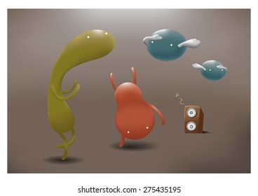 monsters dancing under moonlight with gradient mesh coloring