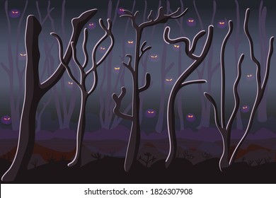 Monsters in dark forest. Scary woodland. Ghostly foggy forest. Eyes in spooky dark forest.Creepy night wood with mist.Ghost eyes staring and lurking from dark Halloween woods.Stock vector illustration