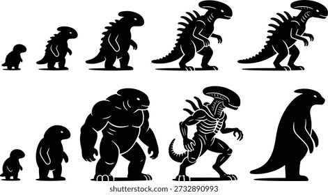 Etapas de evolución de monstruos y dinosaurios en siluetas negras