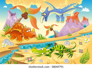 Monsters Dinosaurs with prehistoric background. Cartoon and vector illustration