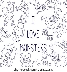 Monsters doodle line vector chracters cute banner template