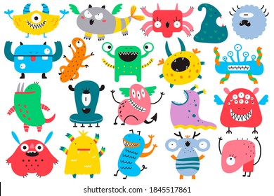 Monsters doodle set. Collection of colorful cartoon characters spooky creatures alliens ugly cyclops beasts mascots angry gremlins. Vector illustration of comic Halloween symbols.