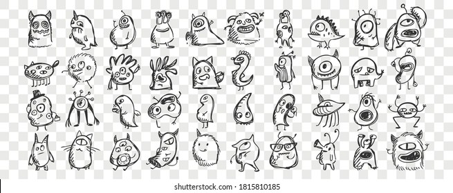 Monsters doodle set. Collection of hand drawn pencil sketches templates patterns of spooky creatures alliens ugly cyclops beasts mascots on transparent background. Illustration of Halloween symbol.