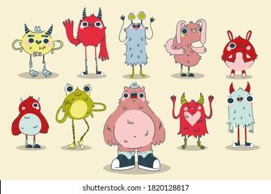 Monsters doodle set. Collection of hand drawn colorful templates patterns of spooky creatures alliens ugly cyclops beasts mascots angry gremlins. Illustration of comic Halloween characters symbol.