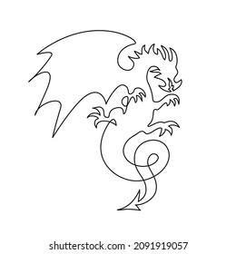 Monsters dragon flying. Magical legend creature. Continuous one line drawing design vector illustration