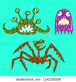 Monsters emoticons set. Funny cartoon characters. Vector illustration.