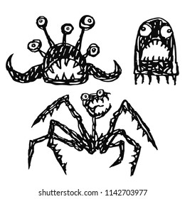 Monsters emoticons set. Funny cartoon cool characters. Vector illustration.