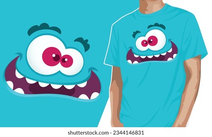 Monsters emotions. scary face masks with mouth and eyes of aliens monsters emoticon shirt design editable template