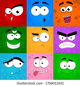 Las emociones de los monstruos. Da miedo las máscaras con la boca y los ojos de los monstruos alienígenas monstruos vectorial emoticono conjunto.