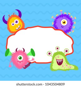 Monsters and empty frame on blue background.  Design template for card, poster, cover, diary, invitation. Background for celebrations, event, holidays.