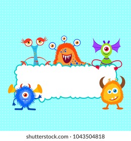 Monsters with empty rectangle frame on blue background.  Design template for card, poster, cover, diary, invitation. Background for celebrations, holidays.