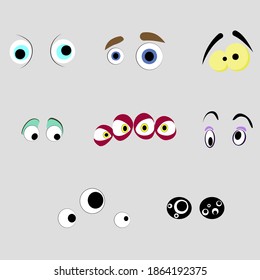 Monsters eyes of set, cartoon aliens sight. Look expression mad and crazy, eyesight comic demon, freaky scared, watch thoughtful, vector illustration