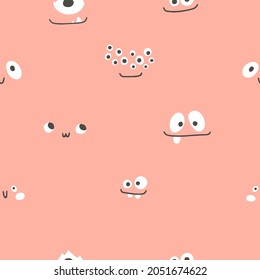 Monsters faces seamless pattern. Many eyes smiles with teeth. Cute cartoon character in simple hand-drawn Scandinavian style. Vector childish doodle illustration. Baby textiles, fabric, digital paper