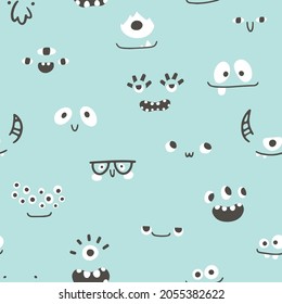 Monsters faces seamless pattern. Many eyes smiles with teeth. Cute cartoon character in simple hand-drawn Scandinavian style. Vector childish doodle illustration. Baby textiles, fabric, digital paper