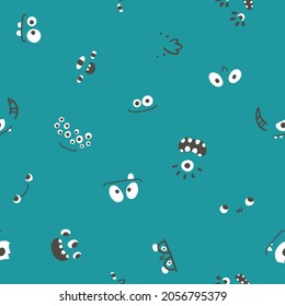 Monsters faces seamless pattern. Many eyes smiles with teeth. Cute cartoon character in simple hand-drawn Scandinavian style. Vector childish doodle illustration. Baby textiles, fabric, digital paper