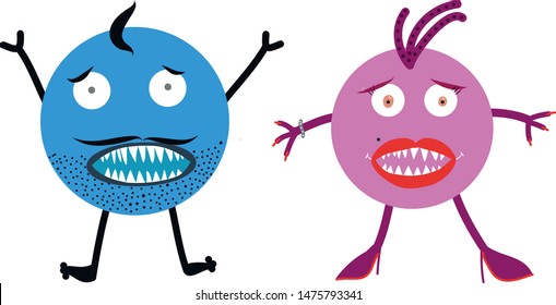 Monsters family. Angry and scared husband and wife. Isolated character on white background. Good as microbe, bacteria, virus, family problems.