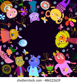 Monsters, fantastic flowers, butterflies, dragonflies. Funny Cartoon fantastic creatures. Cute fabulous incredible characters. Emotions, joy, party, birthday. Vector illustration with place for text.