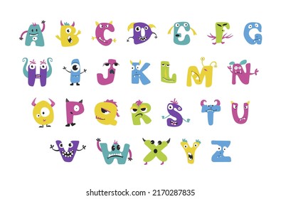 Monsters font childish elementary educational funny characters set vector flat illustration. Terrible aliens letters caricature figures for reading and writing learning. English alphabet studying