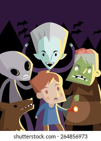 monsters frightening a boy with a lantern in the night