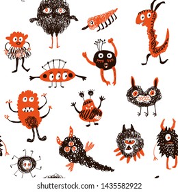 Monsters funny seamless pattern. Vector graphic illustration