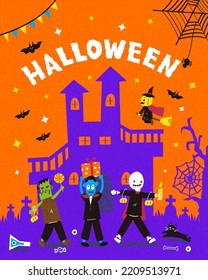 Monsters, ghosts, and a pumpkin witch gather for Halloween fun with candy, gifts, and spooky vibes