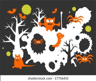Monsters and grunge pattern on a black background. Halloween illustration.