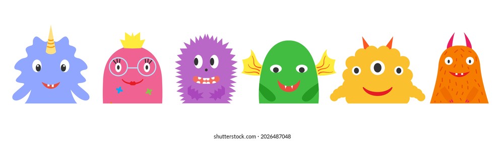 Monsters half, multicolored bright set, kind smiling with horns and wings, smooth and fluffy, with a crown and flowers. A collection of cute funny characters. Vector flat illustration