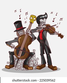 Monsters in Halloween night / Two Skeletons play cello and violin / Create Monster vector