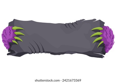 Los monstruos con la mano sosteniendo pancartas. Patas de caracteres, dedos espeluznantes con talones sosteniendo pancartas. Diseño vectorial de dibujos animados