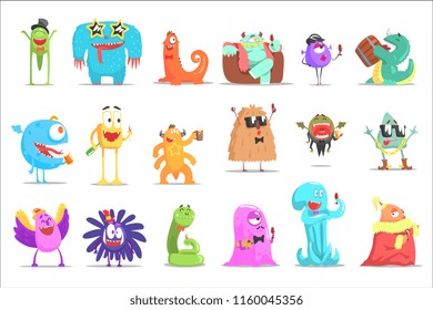 Monsters Having Fun At The Party. Funky Creatures Colorful Characters With Party Attributes